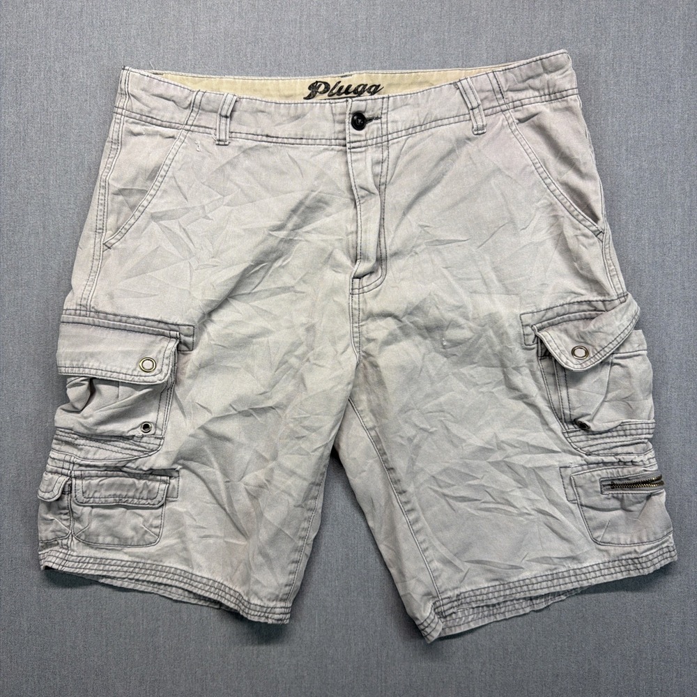 Vtg Plugg Cargo Shorts‎ Mens 34 Khaki Tan Multi Pocket Utility Y2K Skater 36x10